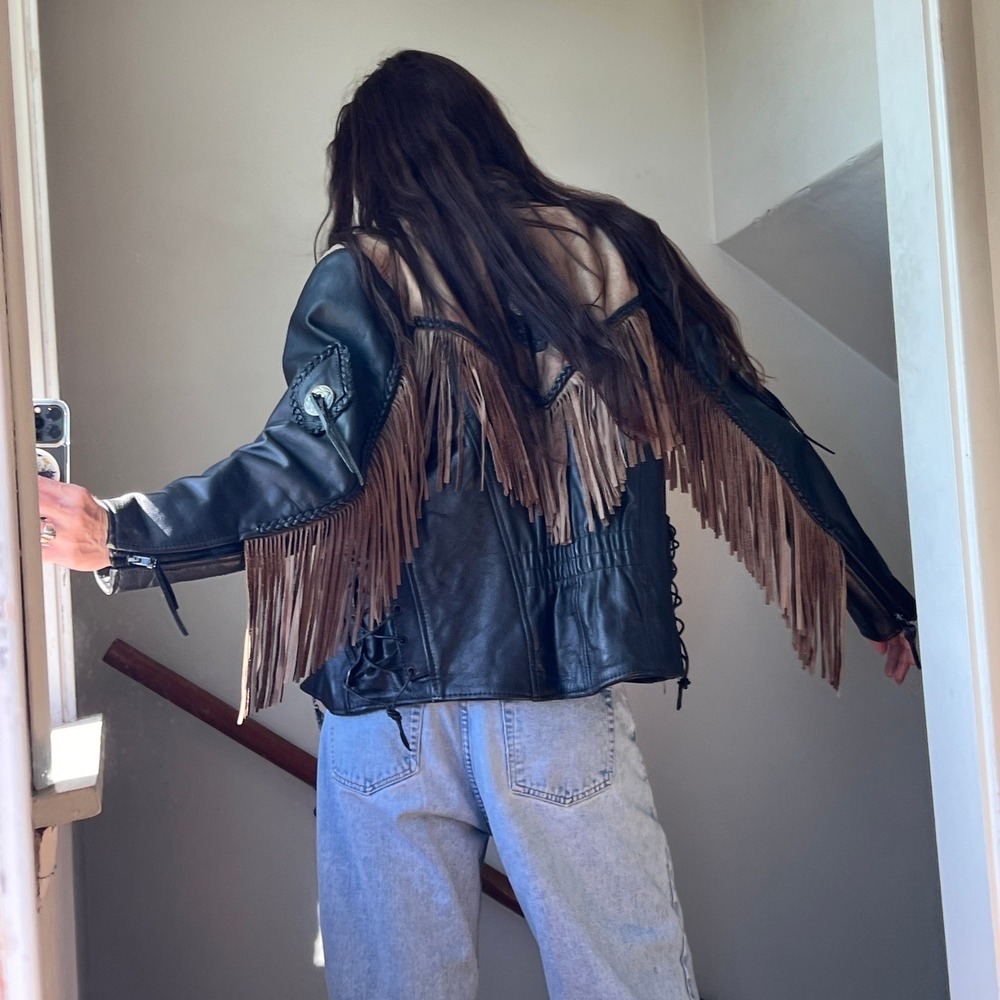 Vintage Leather Fringe Motorcycle Jacket Black Tan Biker‎ Western Braided Lace - Picture 3 of 12